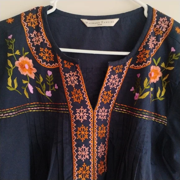 Wayward Fancies eShakti Floral Embroidered Pintuck Top Tunic Boho Peasant Cottag - Picture 4 of 14